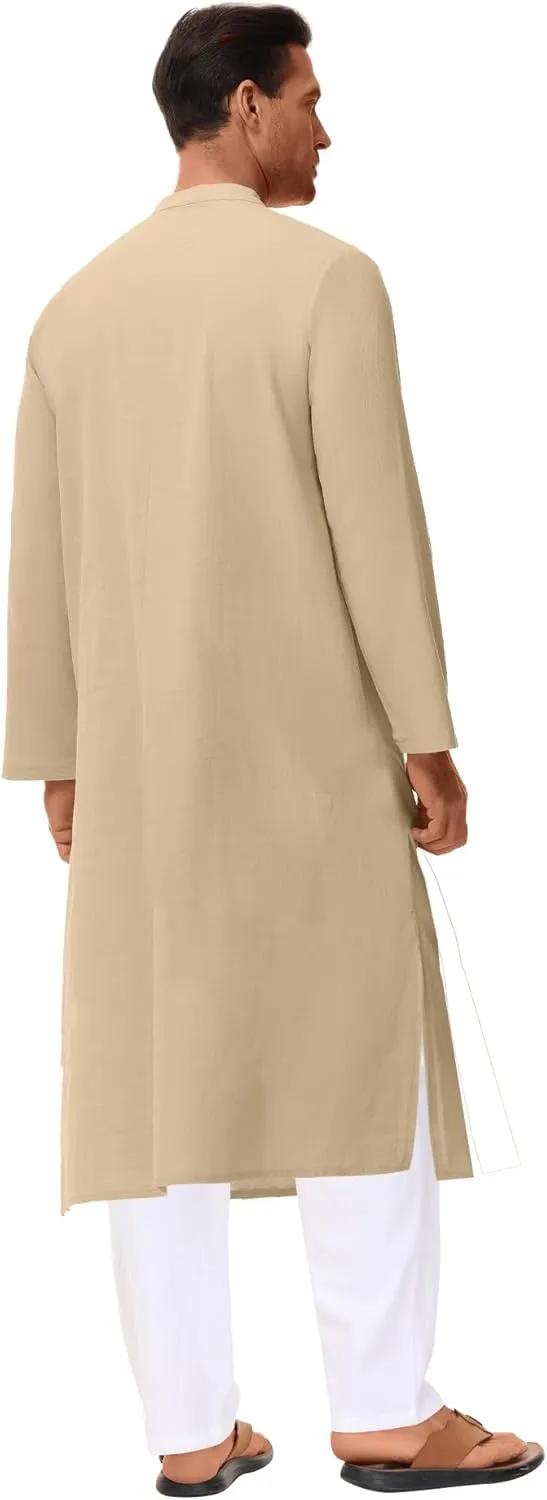 LVCBL Kaftan for Men Long Sleeve Caftan Thobe Side Split Muslim Robe Button Down Long Gown Tunic Shirts