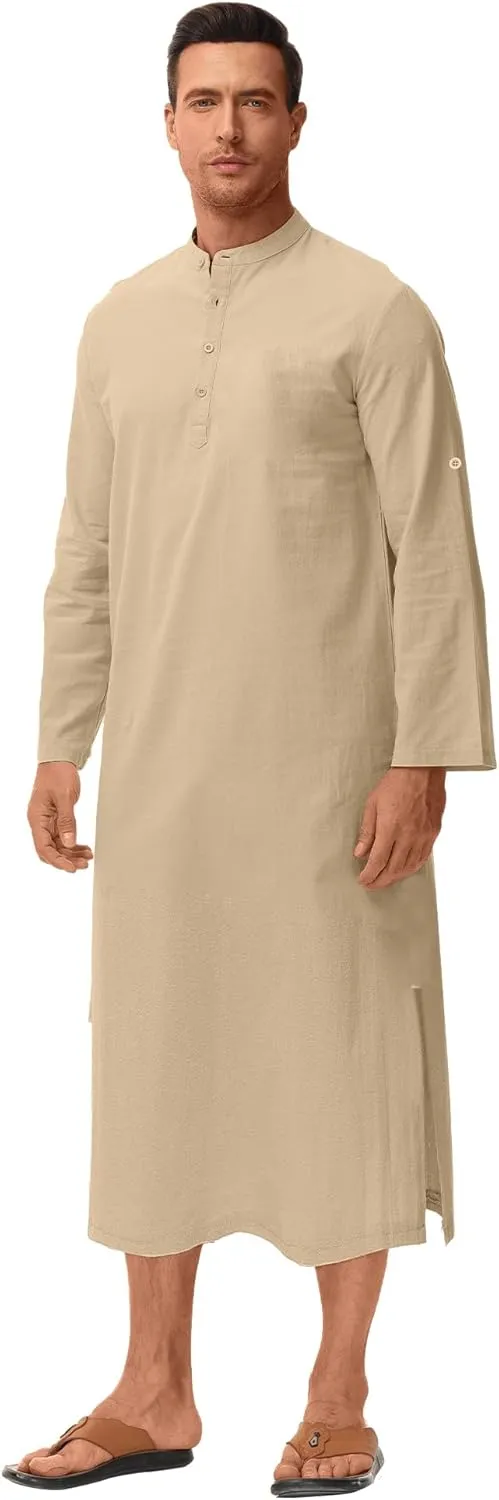 LVCBL Kaftan for Men Long Sleeve Caftan Thobe Side Split Muslim Robe Button Down Long Gown Tunic Shirts
