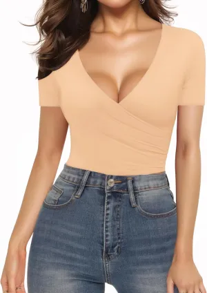 MANGOPOP Women's Cross Wrap Ruched Plunge Sexy Deep V Neck Slim Fit Long Short Sleeve T Shirt Tunic Tops Tee