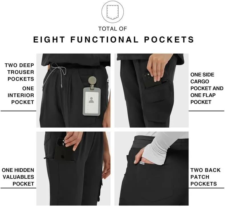 Medical Scrub Pants for Women  Mid Rise Jogger Pants with Yoga Waistband, 4-Way Stretch, Anti-Wrinkle & 8 Pockets