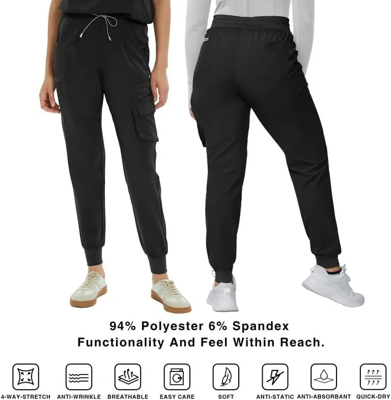 Medical Scrub Pants for Women  Mid Rise Jogger Pants with Yoga Waistband, 4-Way Stretch, Anti-Wrinkle & 8 Pockets