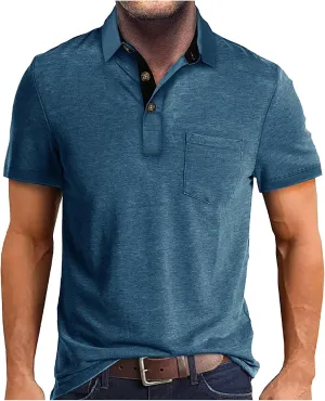 Men's 2025 Classic Fit Casual Short Sleeve Vintage Dual Tipped Collar Button Down Polo Shirt with Pocket