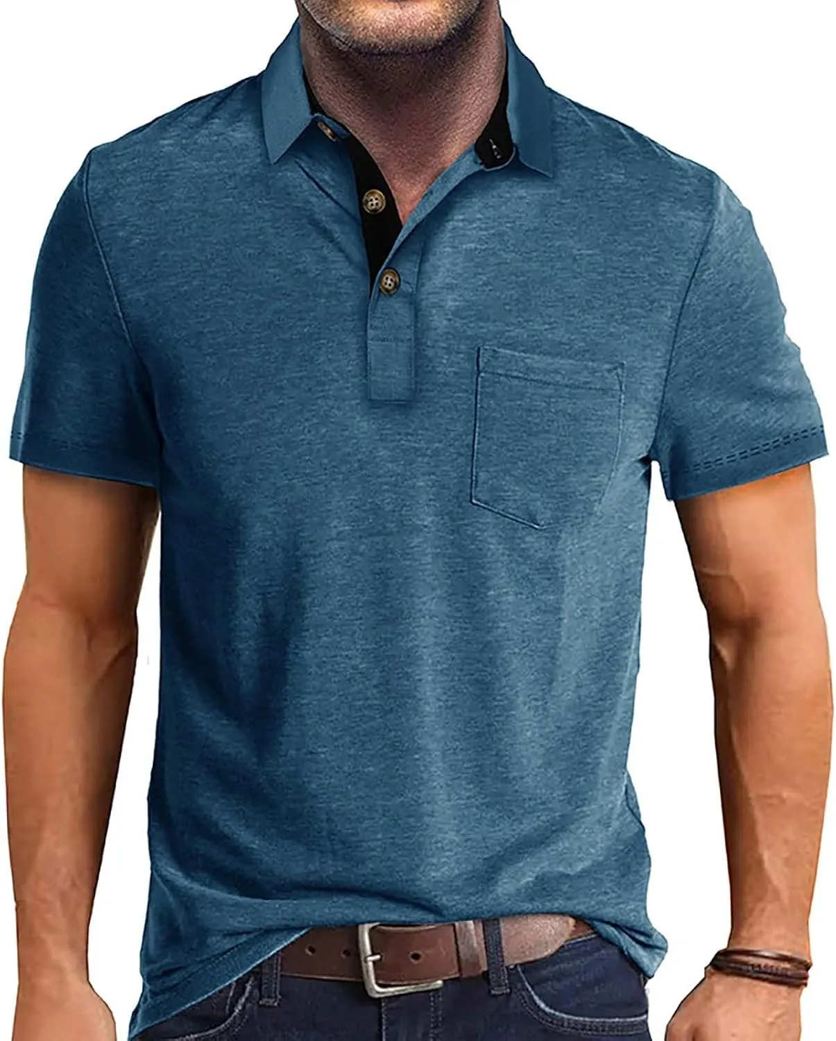 Men's 2025 Classic Fit Casual Short Sleeve Vintage Dual Tipped Collar Button Down Polo Shirt with Pocket