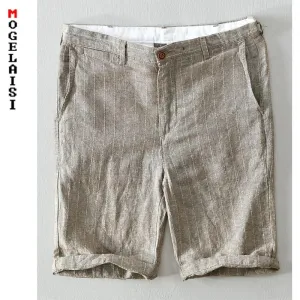 Men's Casual Summer Linen Shorts Striped High Quality Breathable Side Pocket Bermudas