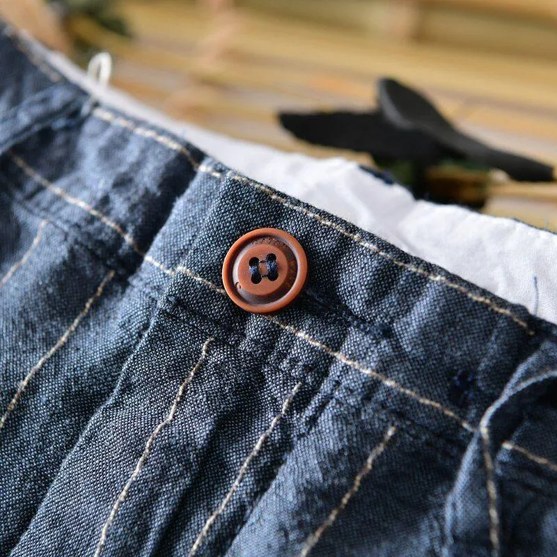 Men's Casual Summer Linen Shorts Striped High Quality Breathable Side Pocket Bermudas