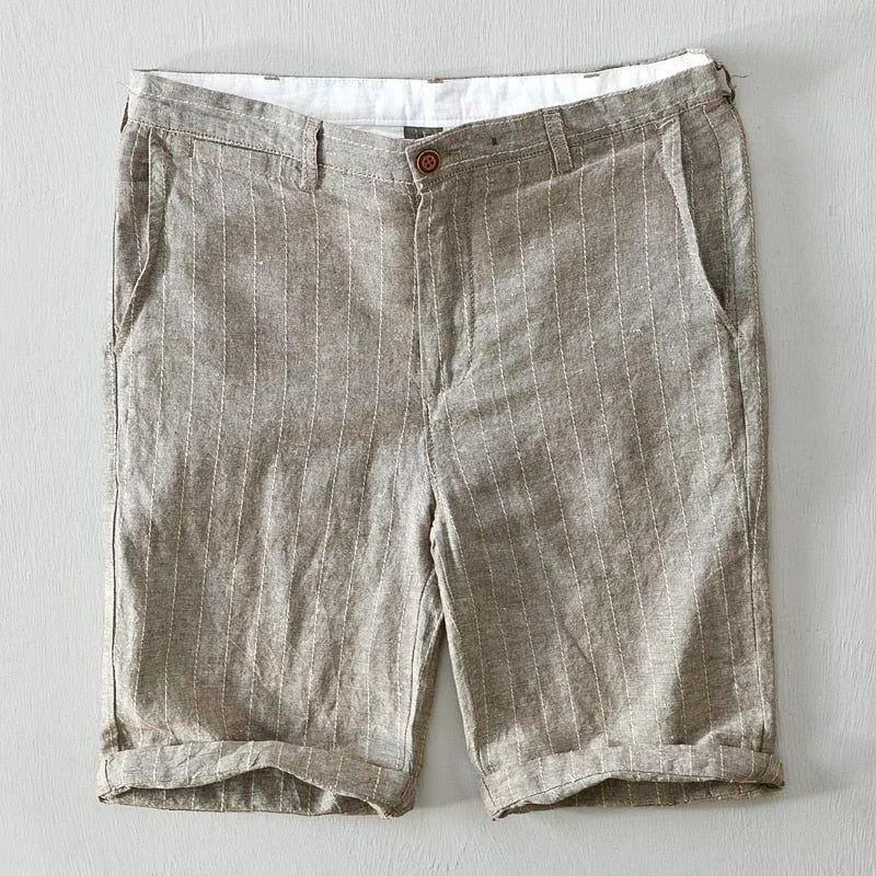 Men's Casual Summer Linen Shorts Striped High Quality Breathable Side Pocket Bermudas