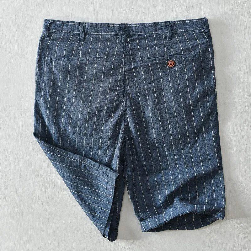 Men's Casual Summer Linen Shorts Striped High Quality Breathable Side Pocket Bermudas