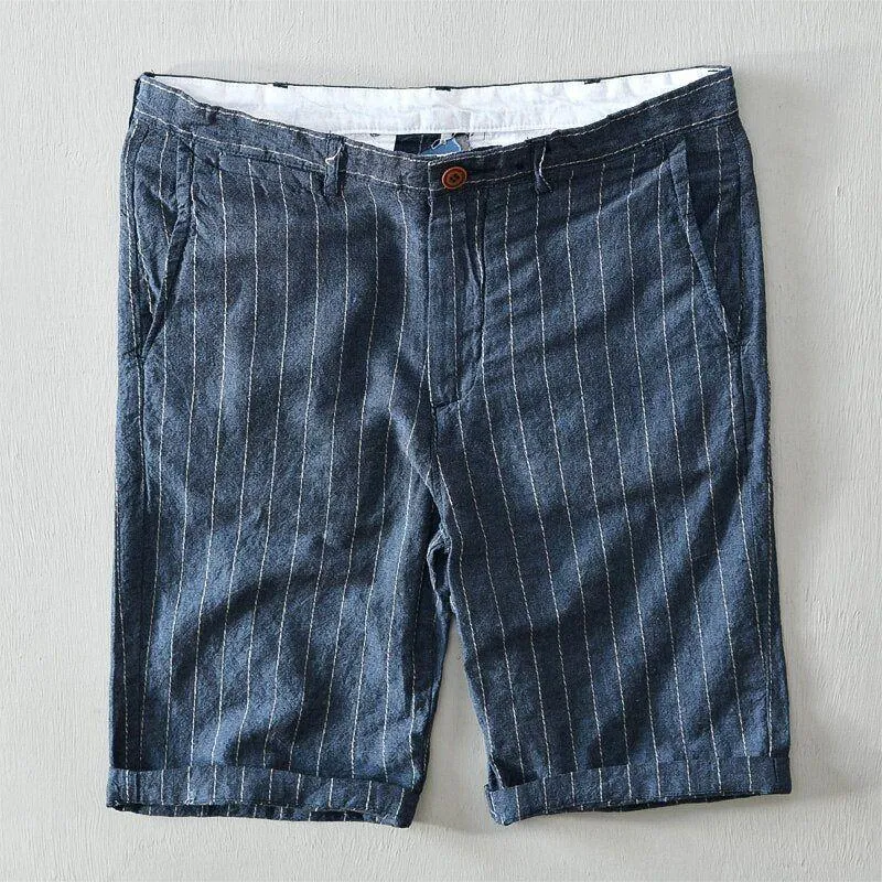 Men's Casual Summer Linen Shorts Striped High Quality Breathable Side Pocket Bermudas