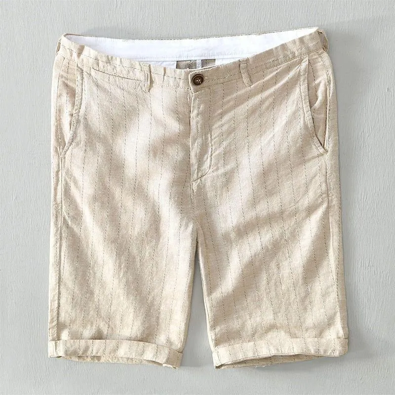 Men's Casual Summer Linen Shorts Striped High Quality Breathable Side Pocket Bermudas