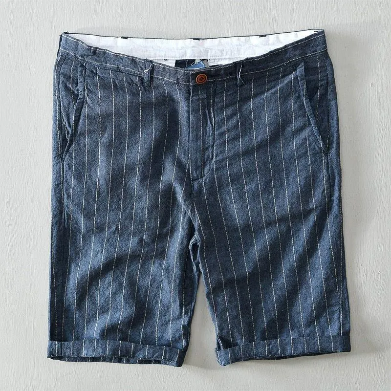 Men's Casual Summer Linen Shorts Striped High Quality Breathable Side Pocket Bermudas