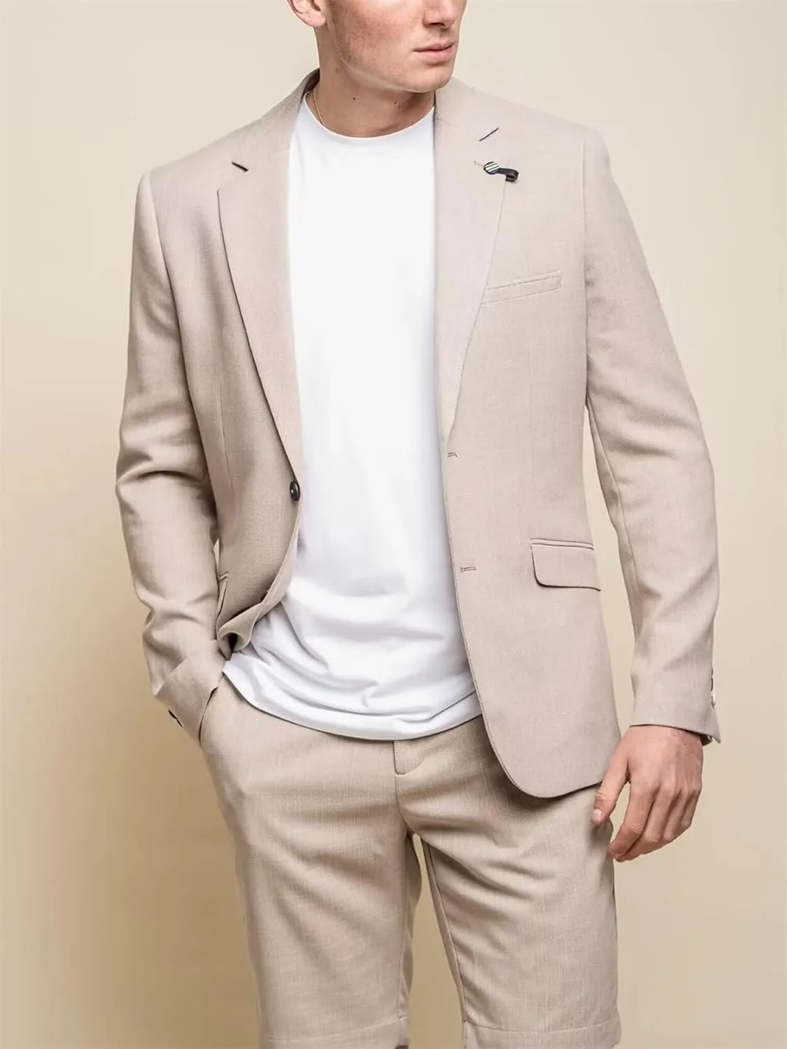 Men's Linen 2 Piece Suit Slim Fit Casual Summer Beach Wedding Shorts Suits Blazer Shorts Set
