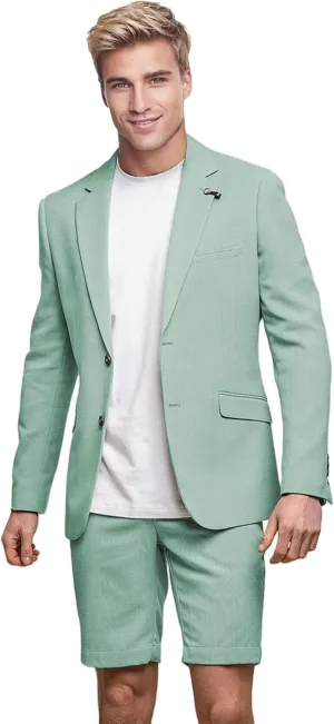 Men's Linen 2 Piece Suit Slim Fit Casual Summer Beach Wedding Shorts Suits Blazer Shorts Set