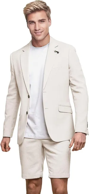 Men's Linen 2 Piece Suit Slim Fit Casual Summer Beach Wedding Shorts Suits Blazer Shorts Set