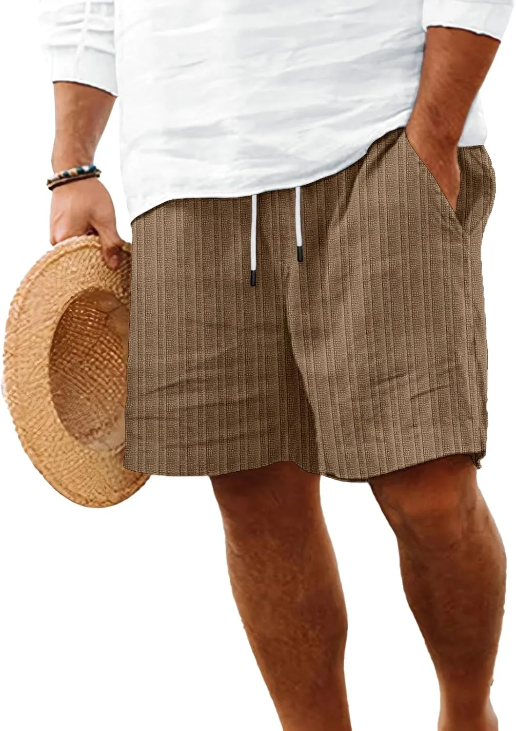 Mens Linen Shorts Flat Front Casual Elastic Waist Drawstring Summer Beach Vacation Shorts with Pocket (9Inch)