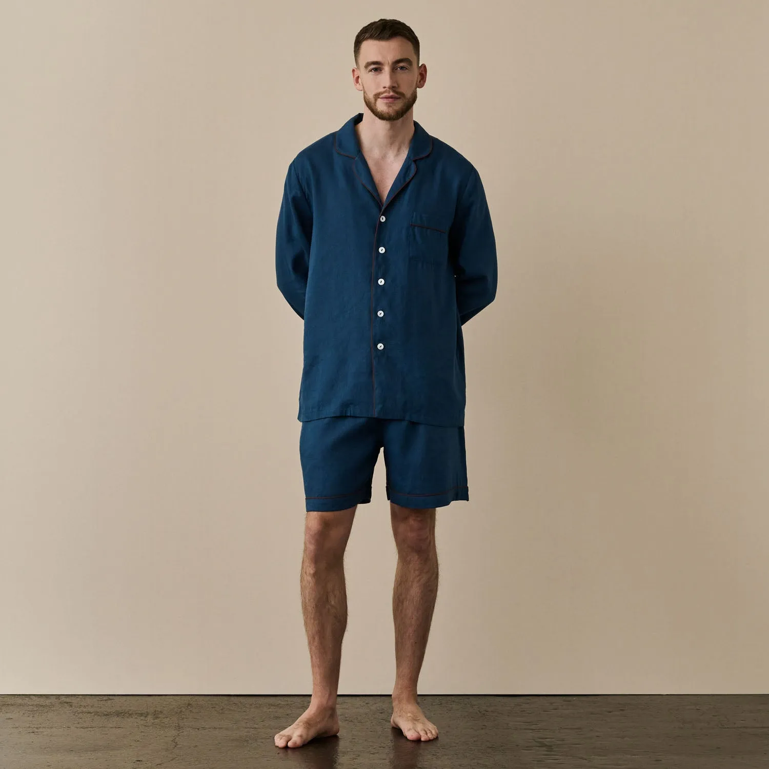 Men's Marine Blue Linen Pajama Short Set