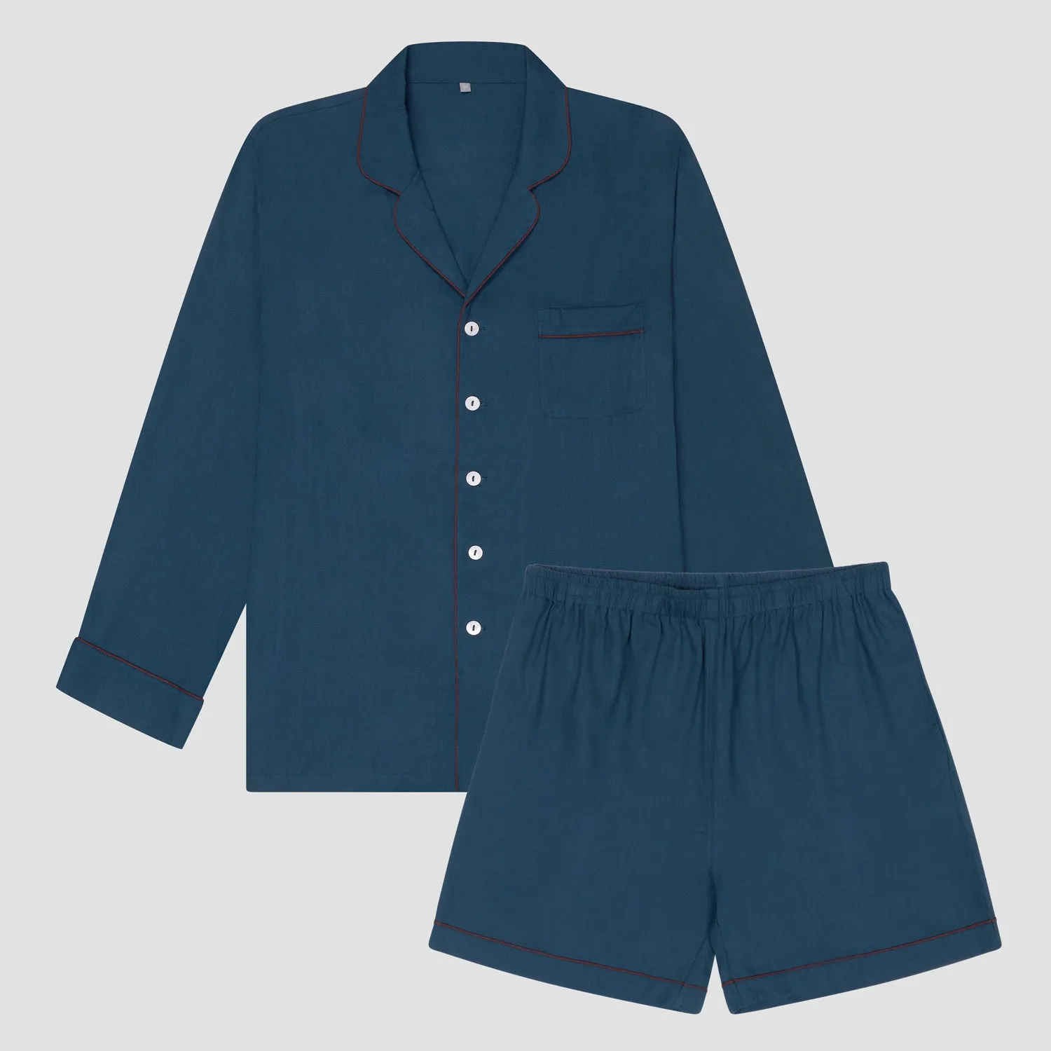 Men's Marine Blue Linen Pajama Short Set
