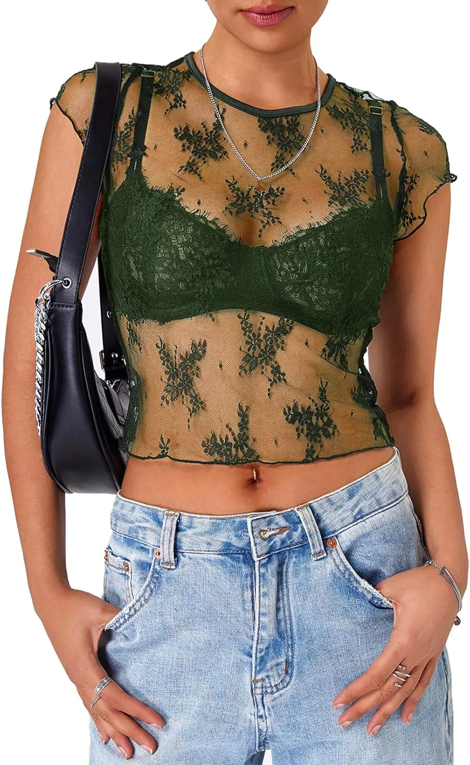 MEROKEETY 2025 Women's Mesh Sheer Lace Crop Top See Through Cap Sleeve Crewneck Summer Sexy Y2K Blouse Shirts