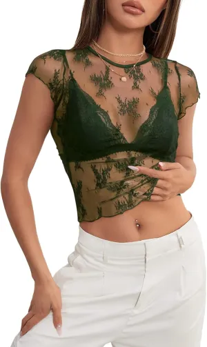 MEROKEETY 2025 Women's Mesh Sheer Lace Crop Top See Through Cap Sleeve Crewneck Summer Sexy Y2K Blouse Shirts