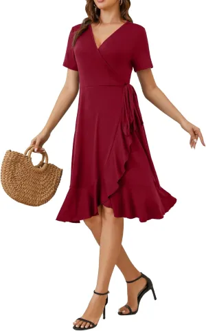 MIDNIGHTSUN Women's Wrap Dress V Neck Short Sleeve Waist Tie Ruffle Split Midi Casual Dress