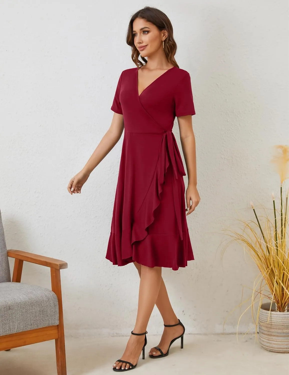 MIDNIGHTSUN Women's Wrap Dress V Neck Short Sleeve Waist Tie Ruffle Split Midi Casual Dress