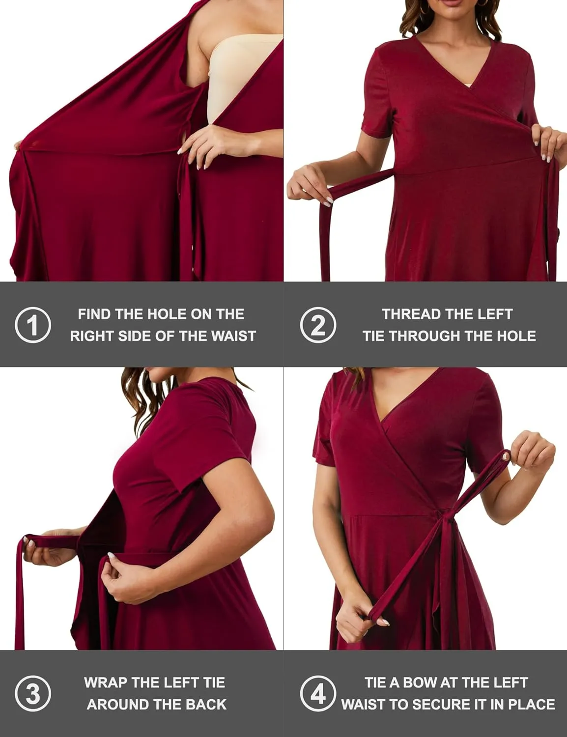 MIDNIGHTSUN Women's Wrap Dress V Neck Short Sleeve Waist Tie Ruffle Split Midi Casual Dress