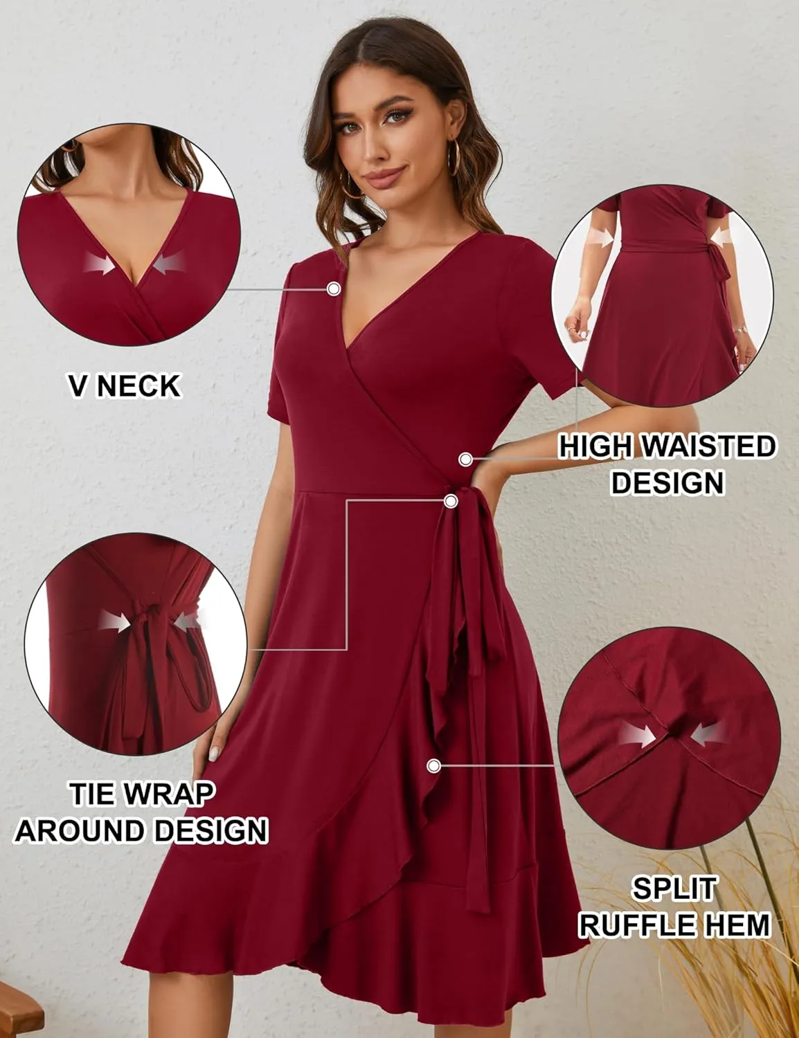 MIDNIGHTSUN Women's Wrap Dress V Neck Short Sleeve Waist Tie Ruffle Split Midi Casual Dress