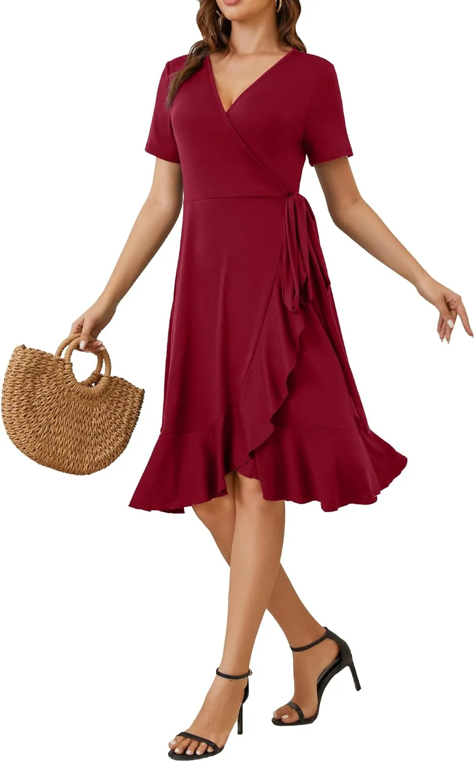 MIDNIGHTSUN Women's Wrap Dress V Neck Short Sleeve Waist Tie Ruffle Split Midi Casual Dress