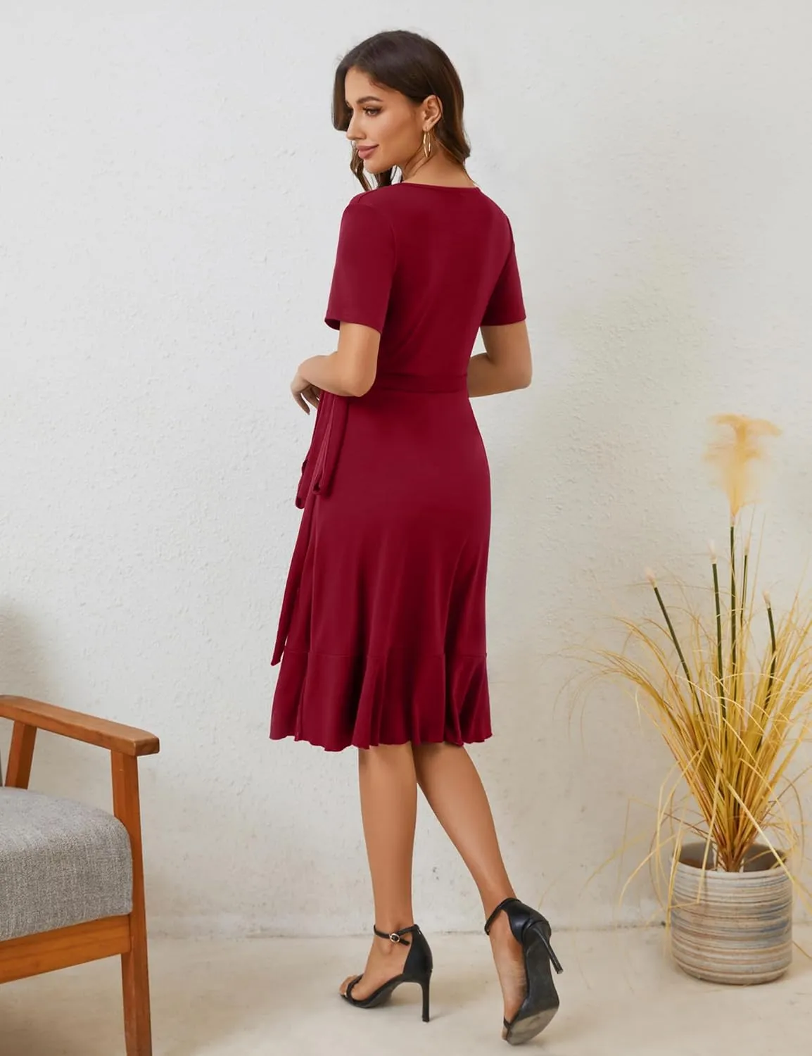 MIDNIGHTSUN Women's Wrap Dress V Neck Short Sleeve Waist Tie Ruffle Split Midi Casual Dress