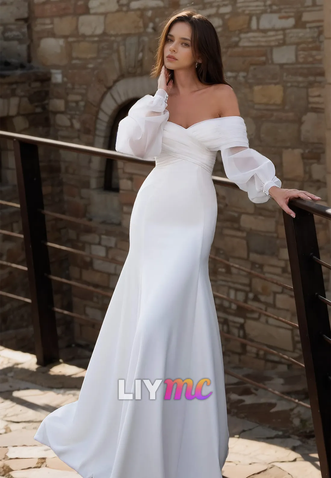 Off-Shoulder Long Sleeves Sleek Satin Mermaid Beach Wedding Dress