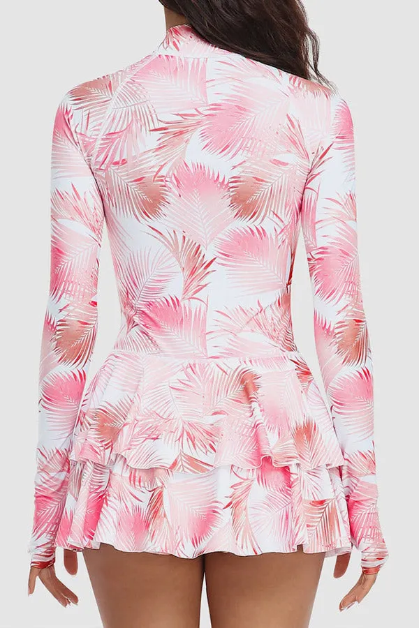 One-Piece Long Sleeve UPF50  Ruffle Skirt Swim Suit