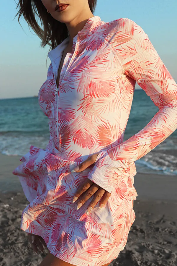 One-Piece Long Sleeve UPF50  Ruffle Skirt Swim Suit