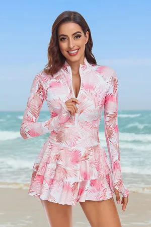One-Piece Long Sleeve UPF50  Ruffle Skirt Swim Suit