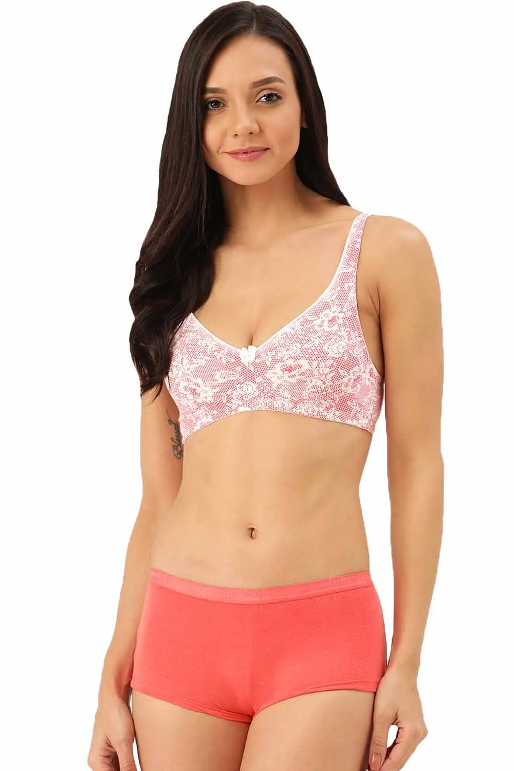 Organic Cotton  Antimicrobial  Seamless Side Support Bra & Panty Set-ISBP057-Pink Lace Print-