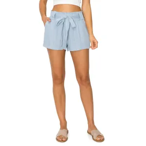 Paper Bag Waist with Self Tie Belt Linen Shorts - Blue Fog