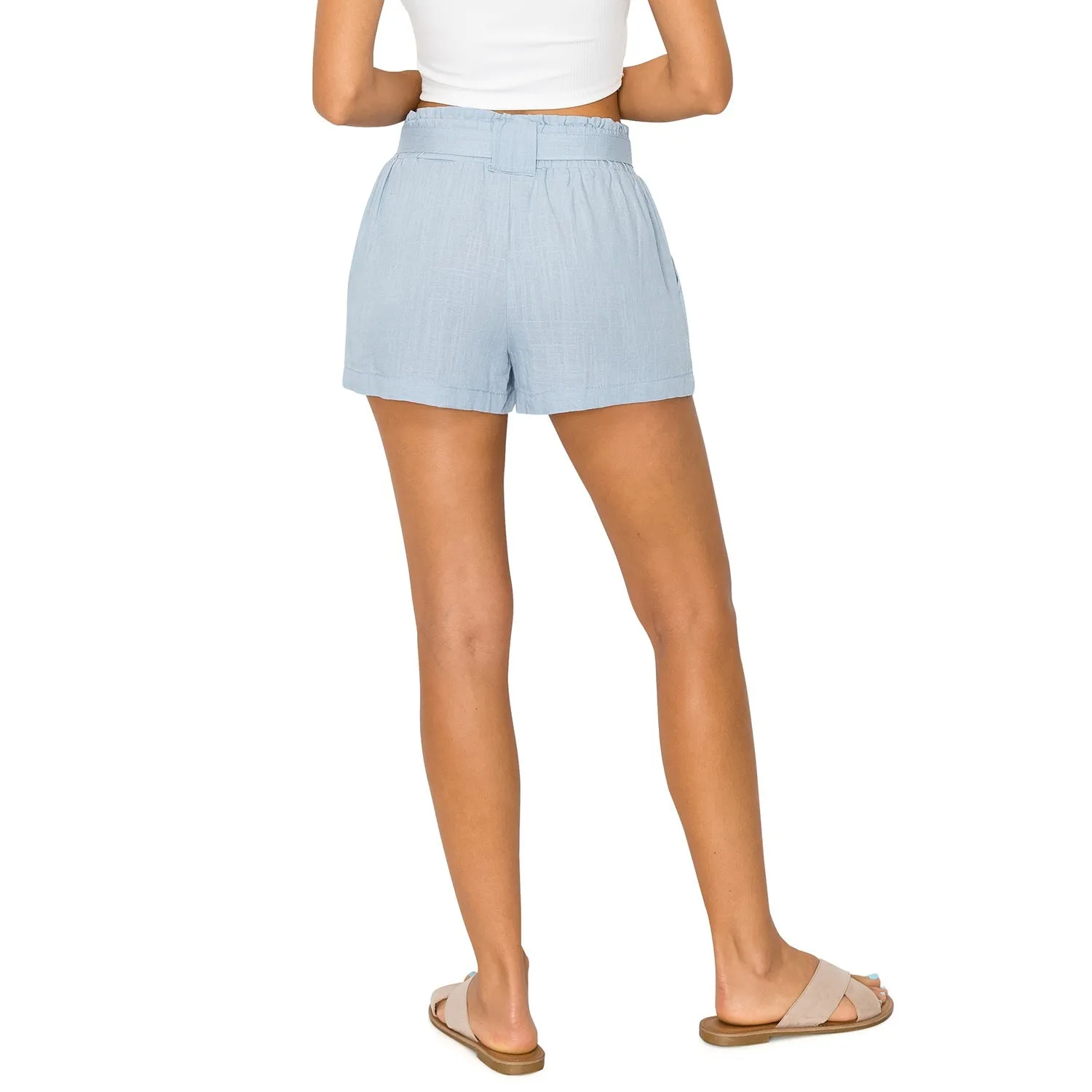 Paper Bag Waist with Self Tie Belt Linen Shorts - Blue Fog