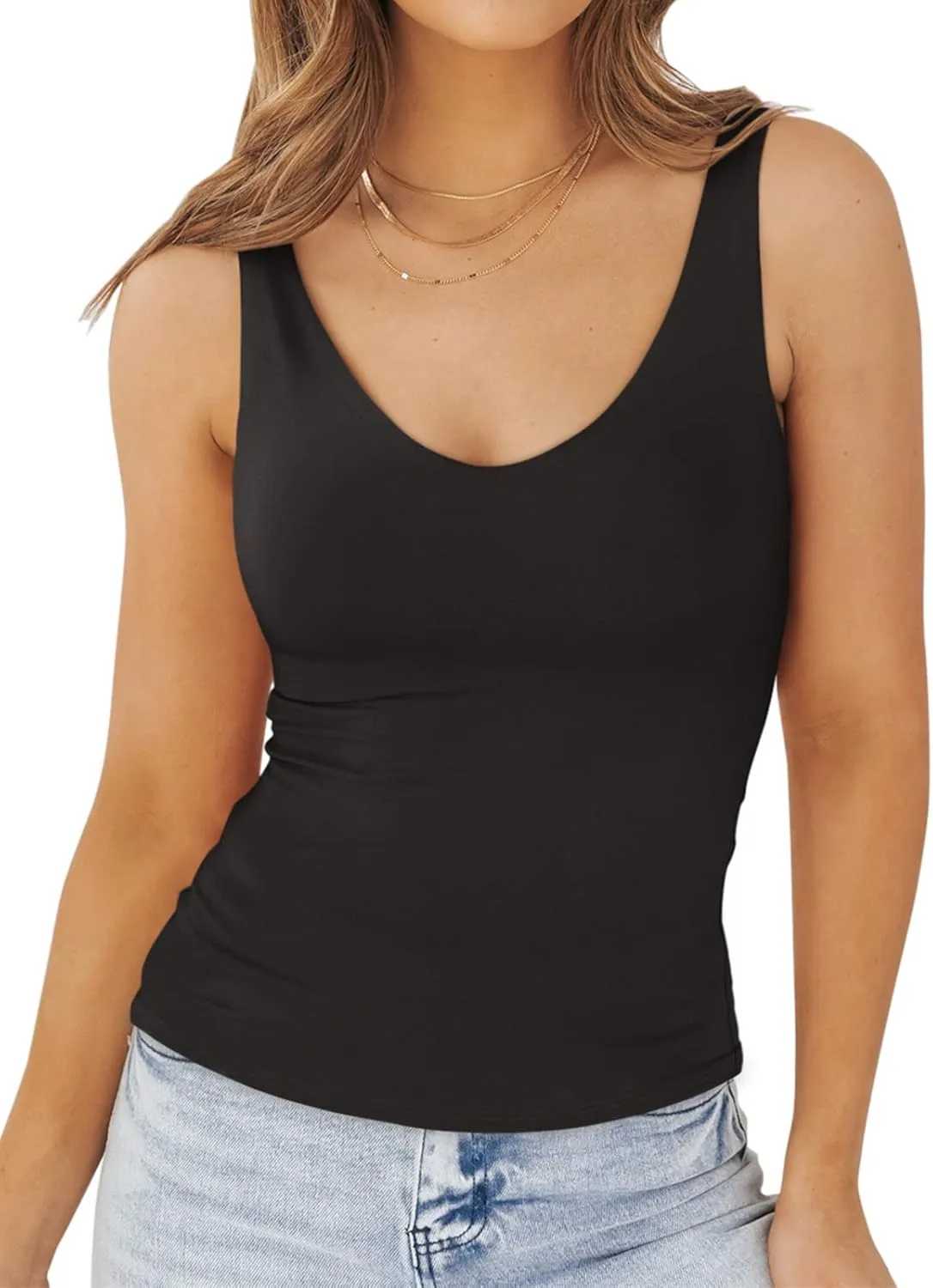 PINKMSTYLE Womens Basic Double Lined V Neck Tank Tops Slimming Workout Summer Tops Sleeveless Shirts