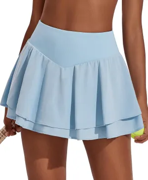 PINSPARK Womens Pleated Tennis Skirt Double Ruffle Golf Skort Tummy Control Athletic Skirts with 3 Pockets Workout Pickleball