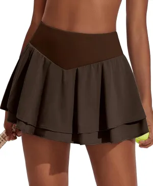 PINSPARK Womens Pleated Tennis Skirt Double Ruffle Golf Skort Tummy Control Athletic Skirts with 3 Pockets Workout Pickleball