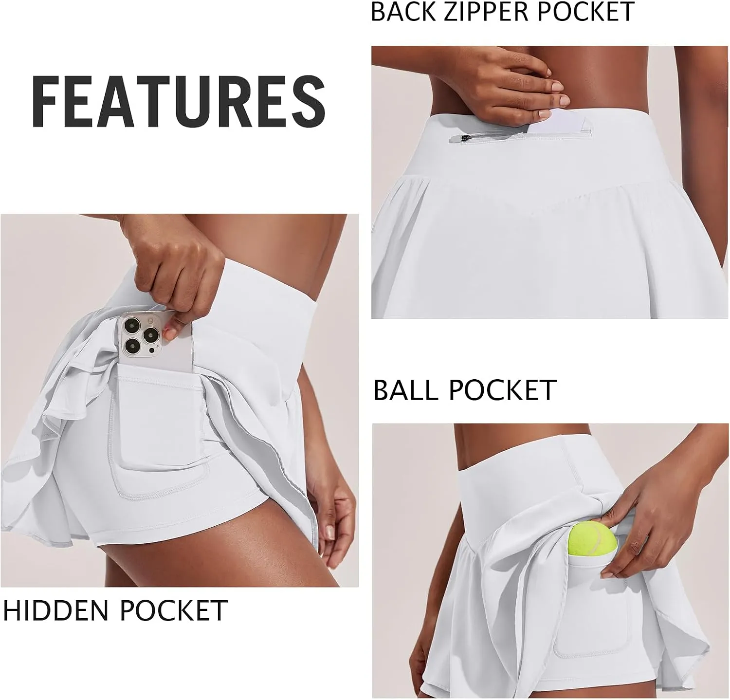 PINSPARK Womens Pleated Tennis Skirt Double Ruffle Golf Skort Tummy Control Athletic Skirts with 3 Pockets Workout Pickleball