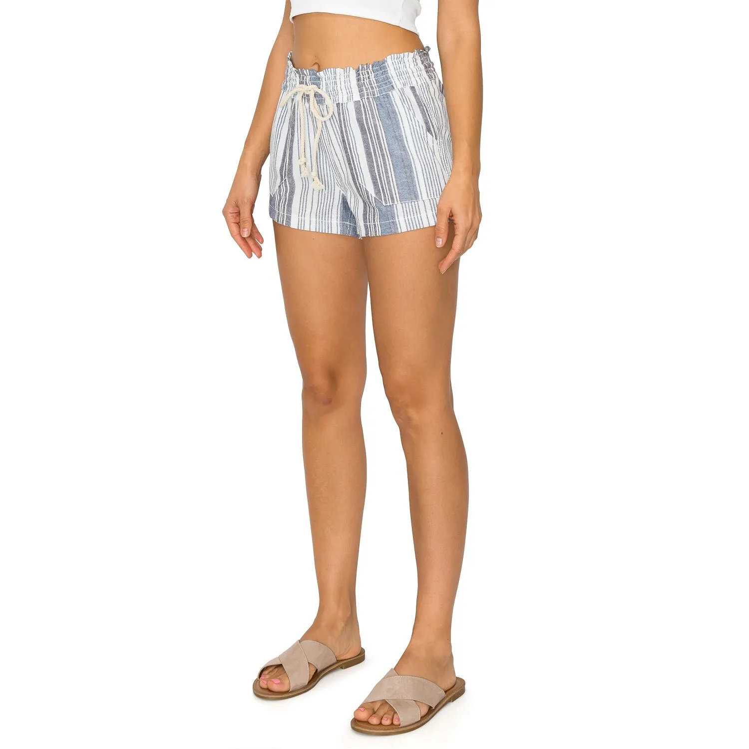Printed Drawstring Linen Shorts - Blue White