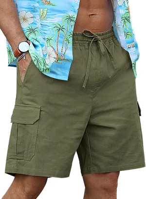RQP Mens Linen Cargo Shorts Casual Drawstring Shorts Relaxed Fit Summer Beach for Men