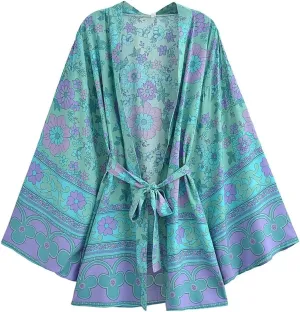R.Vivimos Beach Cover Ups for Women Vintage Kimono Cardigan Long Sleeve Boho Floral Print Swimsuit Wrap Mini Dress with Belt