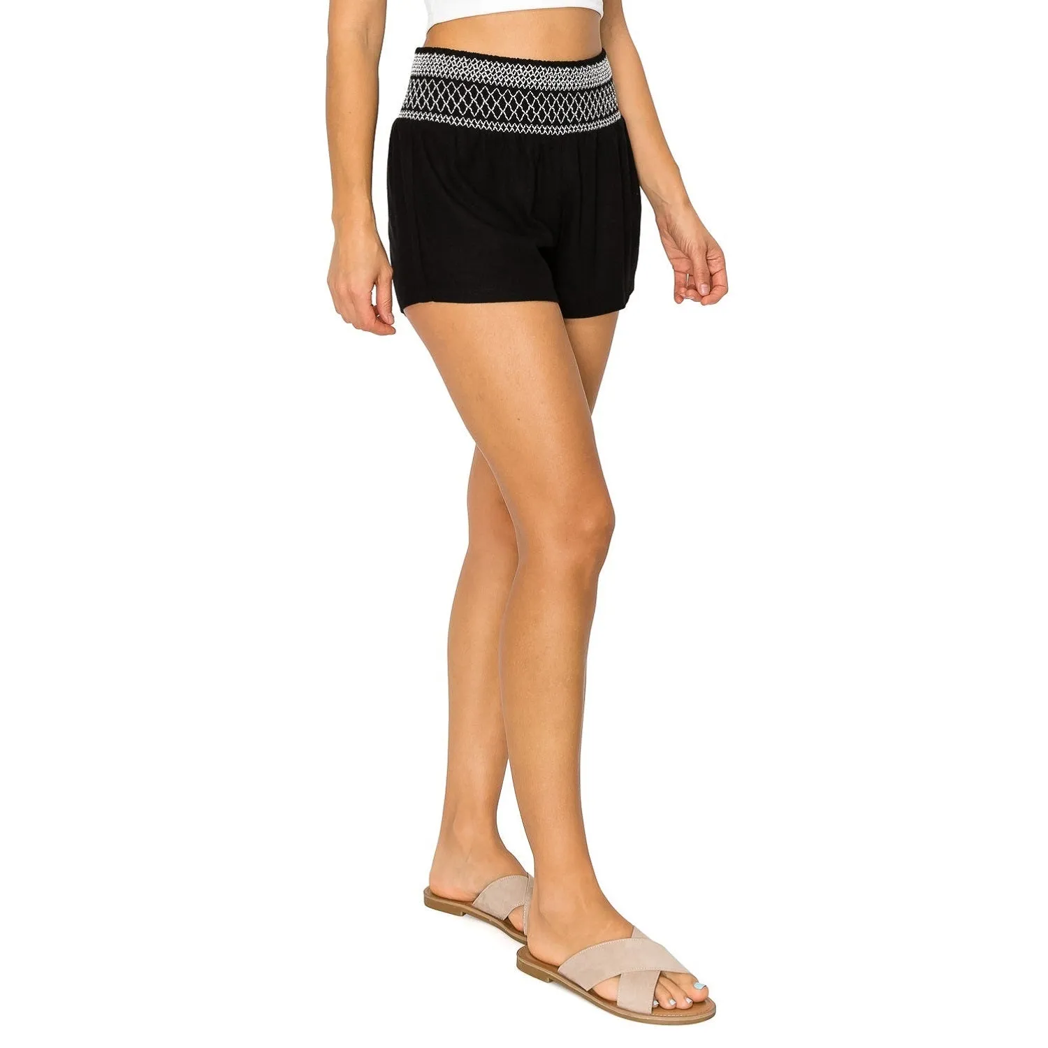 Smocked Waistband with Contrast Stitch Linen Short - Black