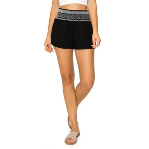 Smocked Waistband with Contrast Stitch Linen Short - Black