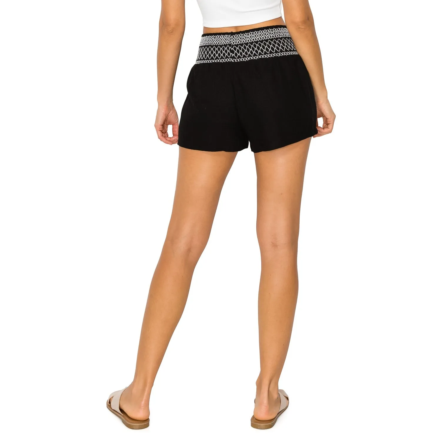 Smocked Waistband with Contrast Stitch Linen Short - Black