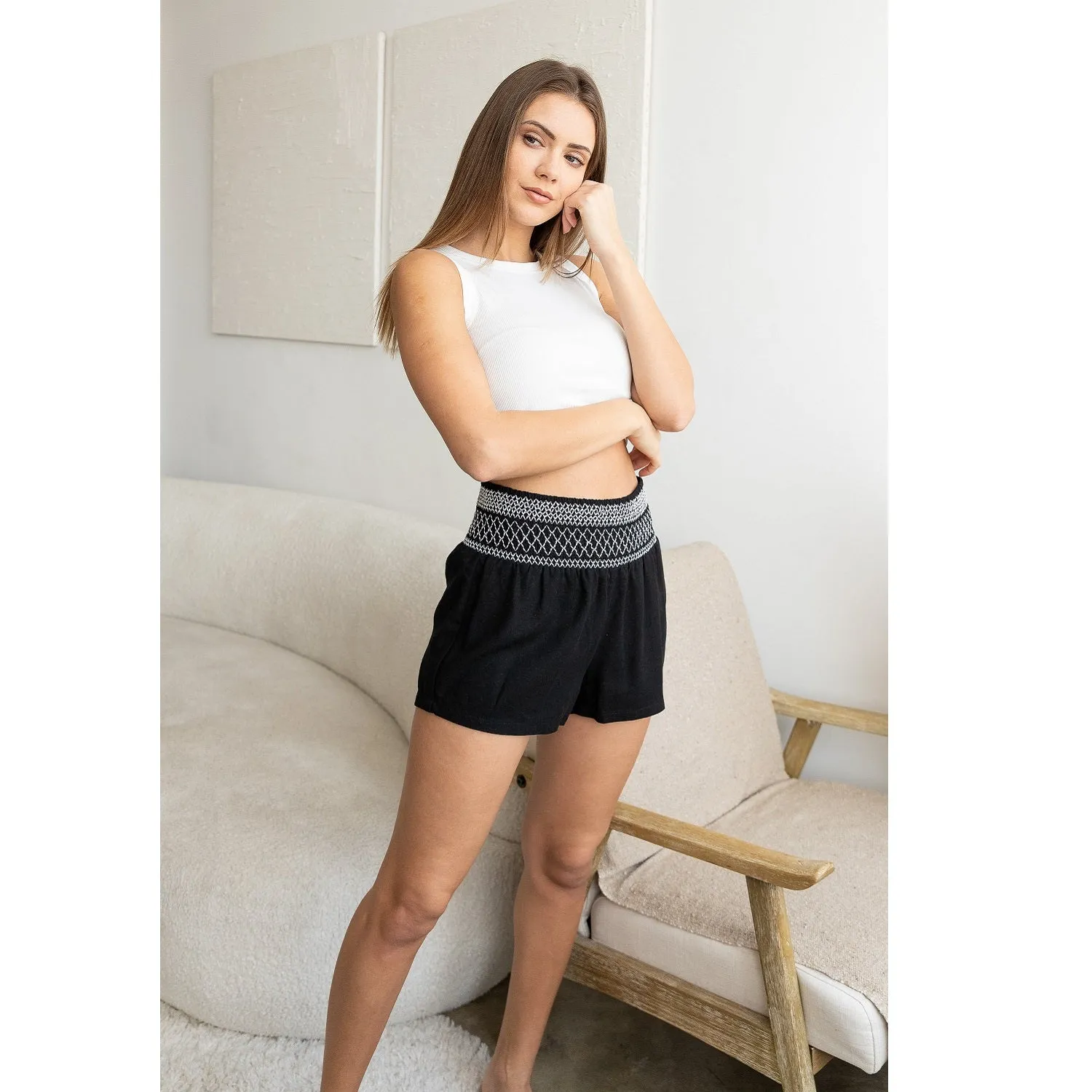 Smocked Waistband with Contrast Stitch Linen Short - Black