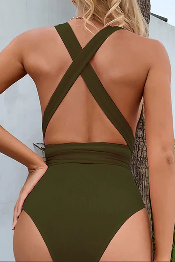 Solid Color Deep V Neck Elegant Strappy One Piece Swimwear