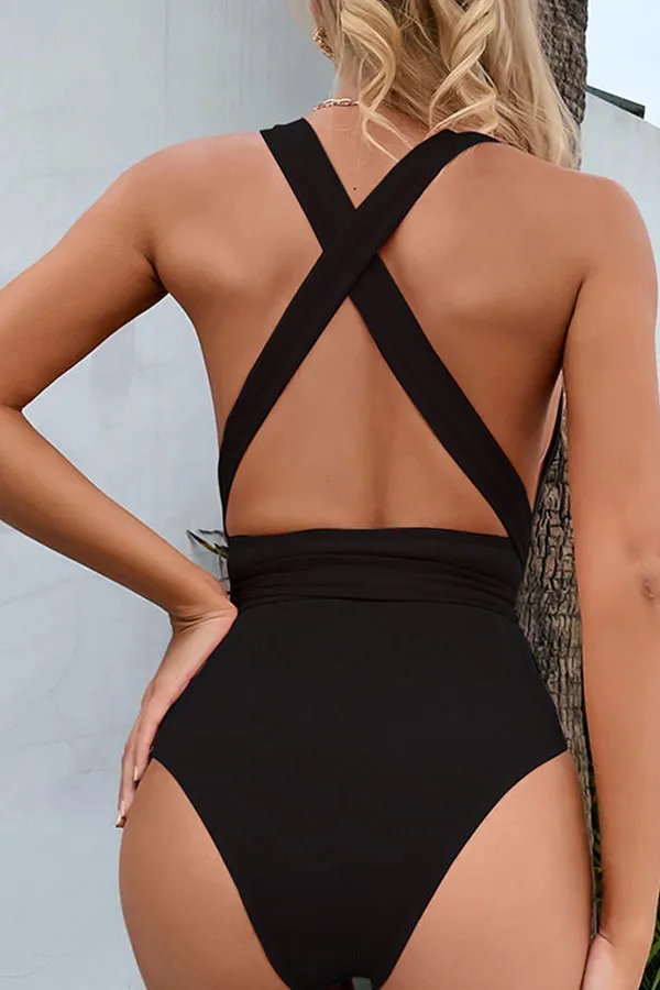Solid Color Deep V Neck Elegant Strappy One Piece Swimwear