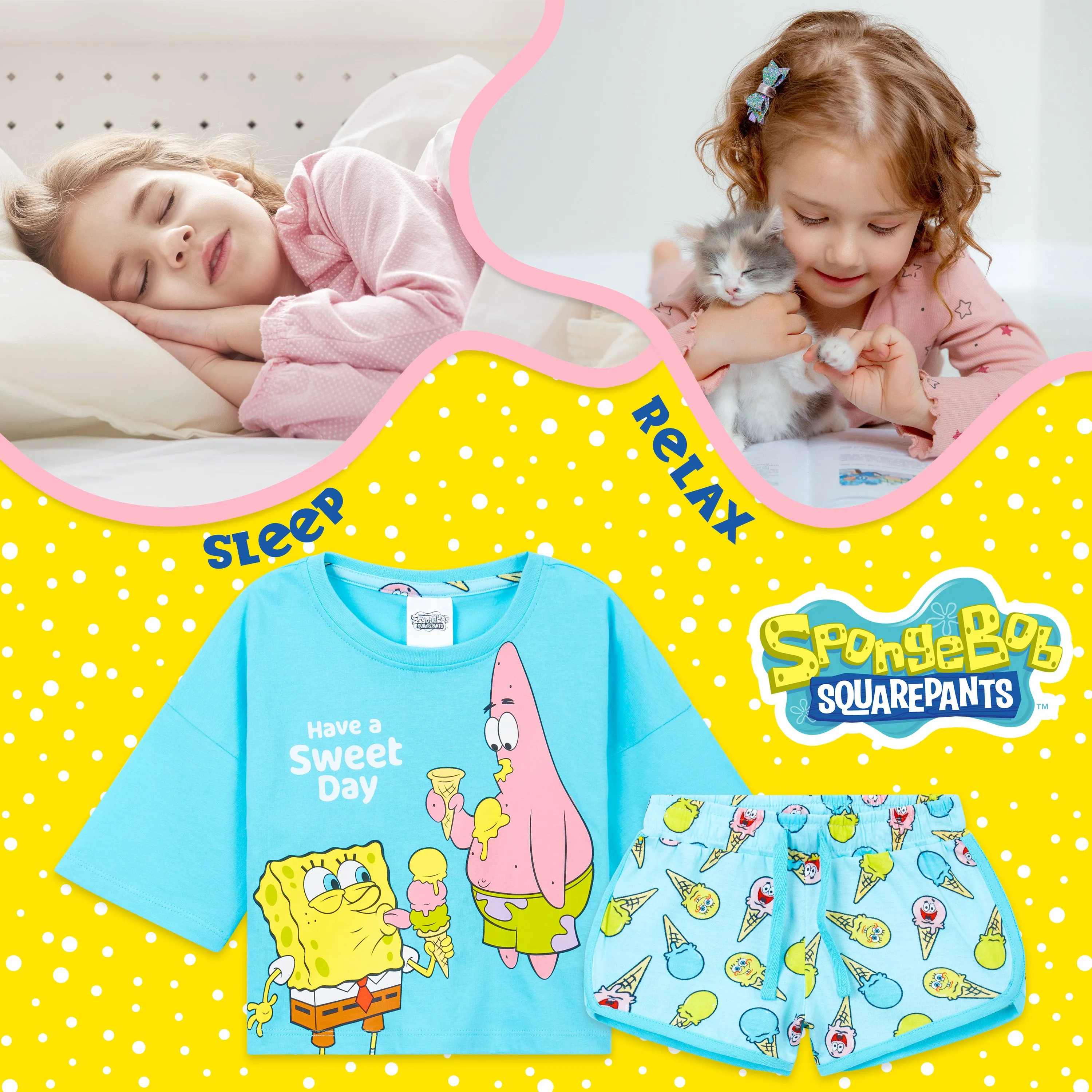 SPONGEBOB SQUAREPANTS Girls Pyjamas,  Cropped T-Shirt & Shorts Nightwear for Girls