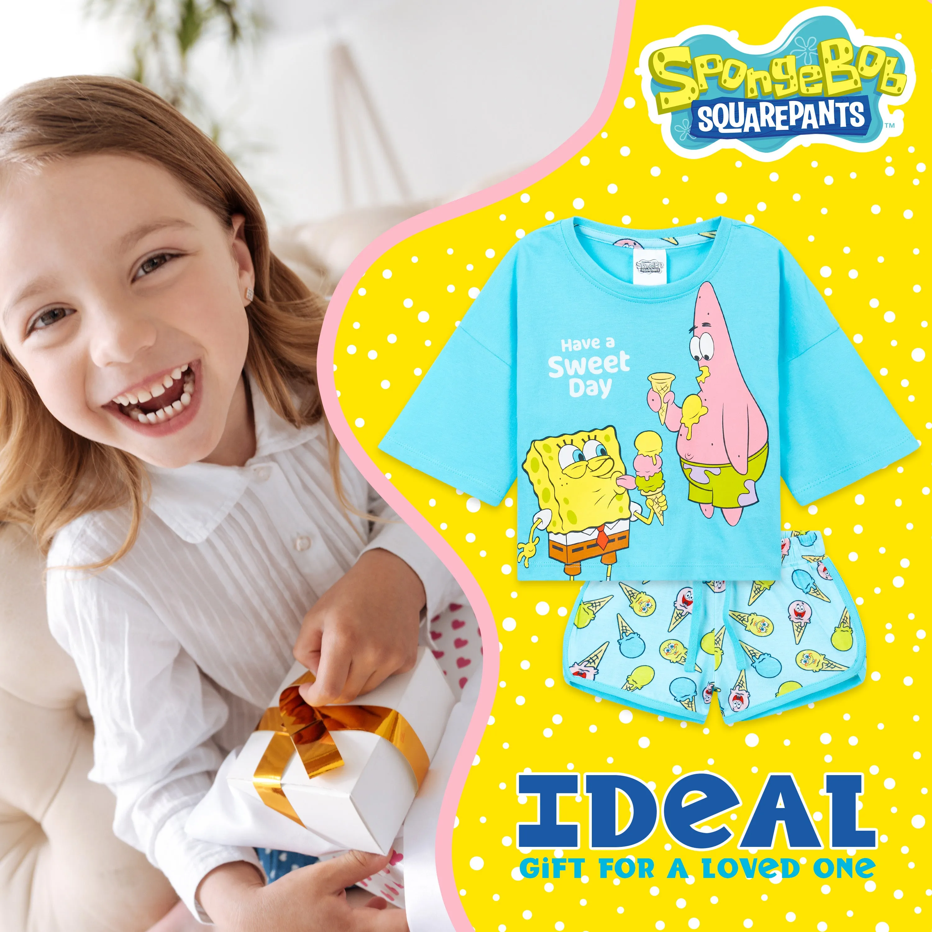 SPONGEBOB SQUAREPANTS Girls Pyjamas,  Cropped T-Shirt & Shorts Nightwear for Girls
